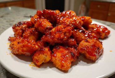 A pile of crispy chicken pieces coated in glossy, vibrant red Very Affordable Sweet Chili Chicken sauce on a white plate.