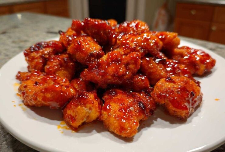 A pile of crispy chicken pieces coated in glossy, vibrant red Very Affordable Sweet Chili Chicken sauce on a white plate.