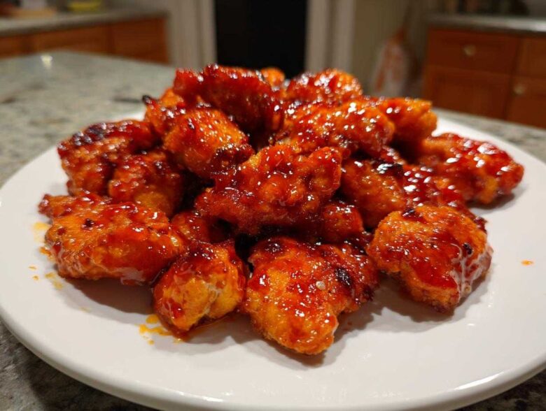 A pile of crispy chicken pieces coated in glossy, vibrant red Very Affordable Sweet Chili Chicken sauce on a white plate.