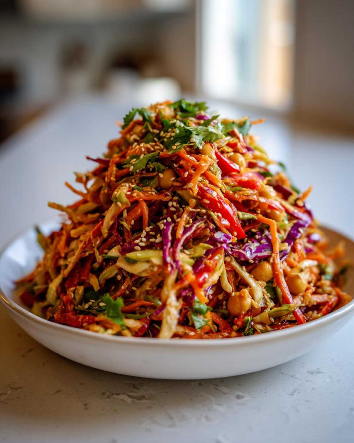 A tall mound of colorful Asian Chickpea Slaw featuring shredded carrots, cabbage, peppers, and chickpeas, topped with sesame seeds.