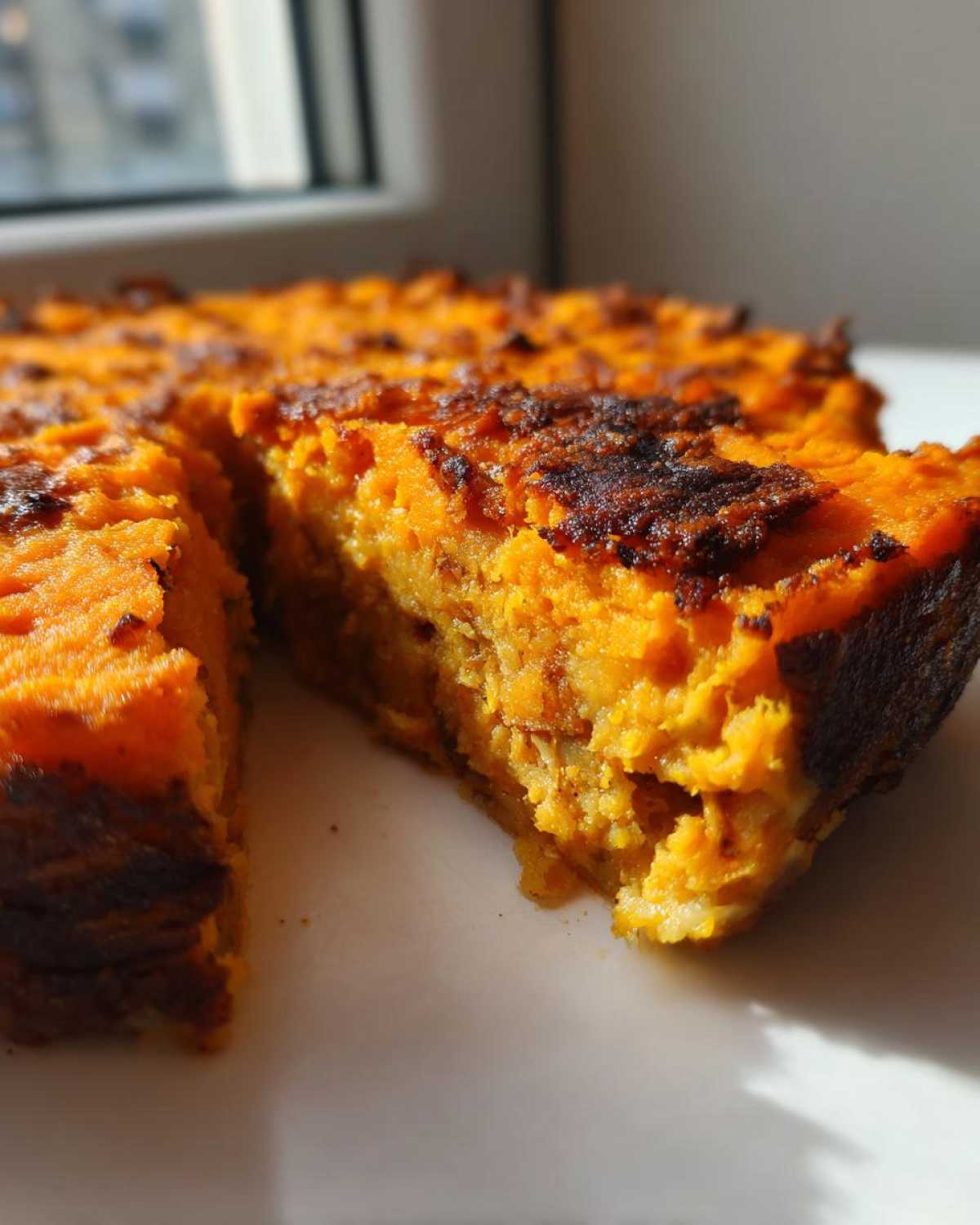 Close-up of a rich orange slice of Whole30 BBQ Chicken Casserole showing a baked, slightly charred top layer.