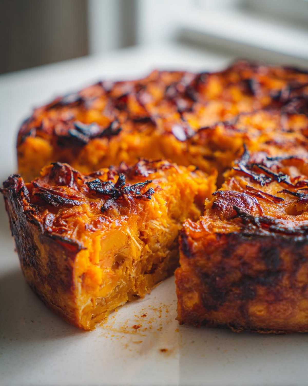 Close-up of a slice cut from a Whole30 BBQ Chicken Casserole, showing the orange interior and dark, crispy topping.
