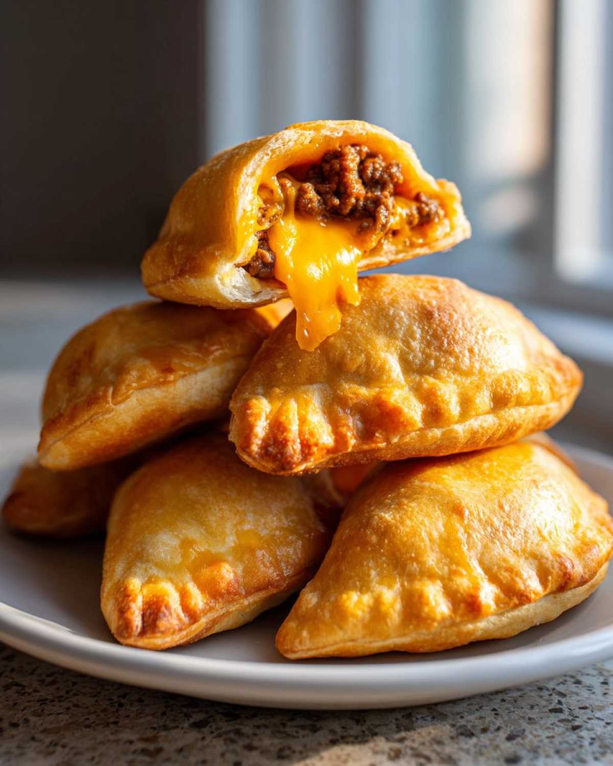 A stack of golden brown Air Fryer Cheesy Taco Bombs, with the top one broken open revealing melted cheese and seasoned ground beef filling.