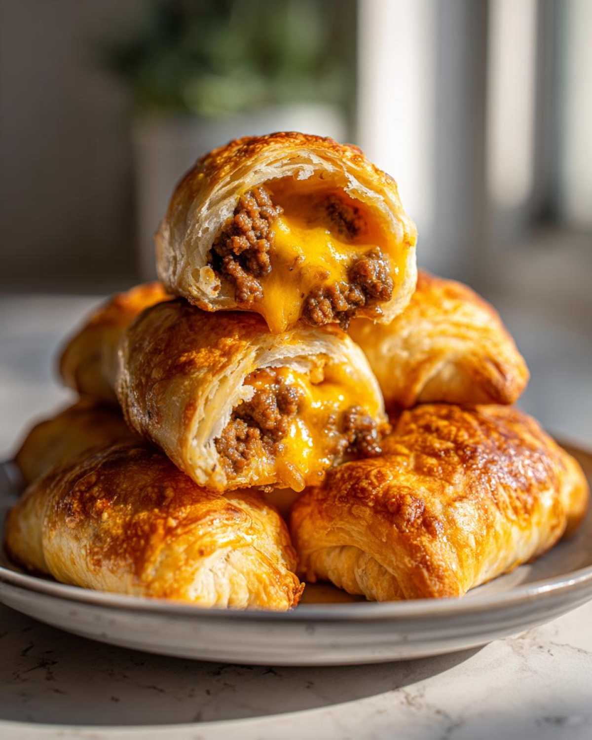 A stack of golden brown Air Fryer Cheesy Taco Bombs, one cut open showing melted cheese oozing over seasoned ground beef.