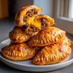 A stack of golden brown Air Fryer Cheesy Taco Bombs, with the top one broken open showing seasoned ground beef and melted cheese.