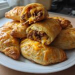 A stack of golden brown Air Fryer Cheesy Taco Bombs, one cut open showing ground beef and melted cheese.