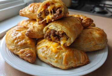 A stack of golden brown Air Fryer Cheesy Taco Bombs, one cut open showing ground beef and melted cheese.