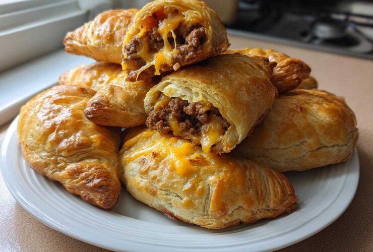 A stack of golden brown Air Fryer Cheesy Taco Bombs, one cut open showing ground beef and melted cheese.