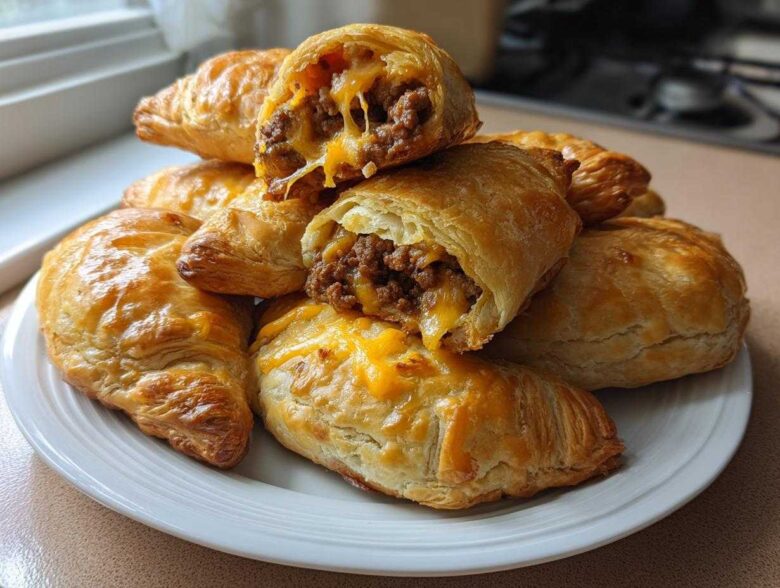 A stack of golden brown Air Fryer Cheesy Taco Bombs, one cut open showing ground beef and melted cheese.