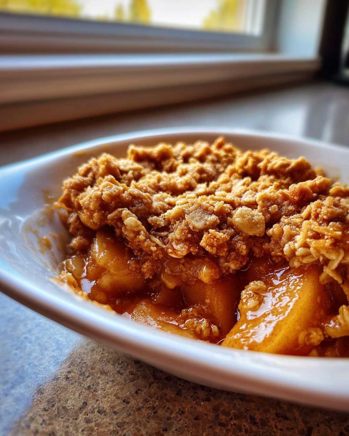 A close-up view of a serving of warm Apple Crisp with a thick, crumbly oat topping over caramelized apples in a white bowl.