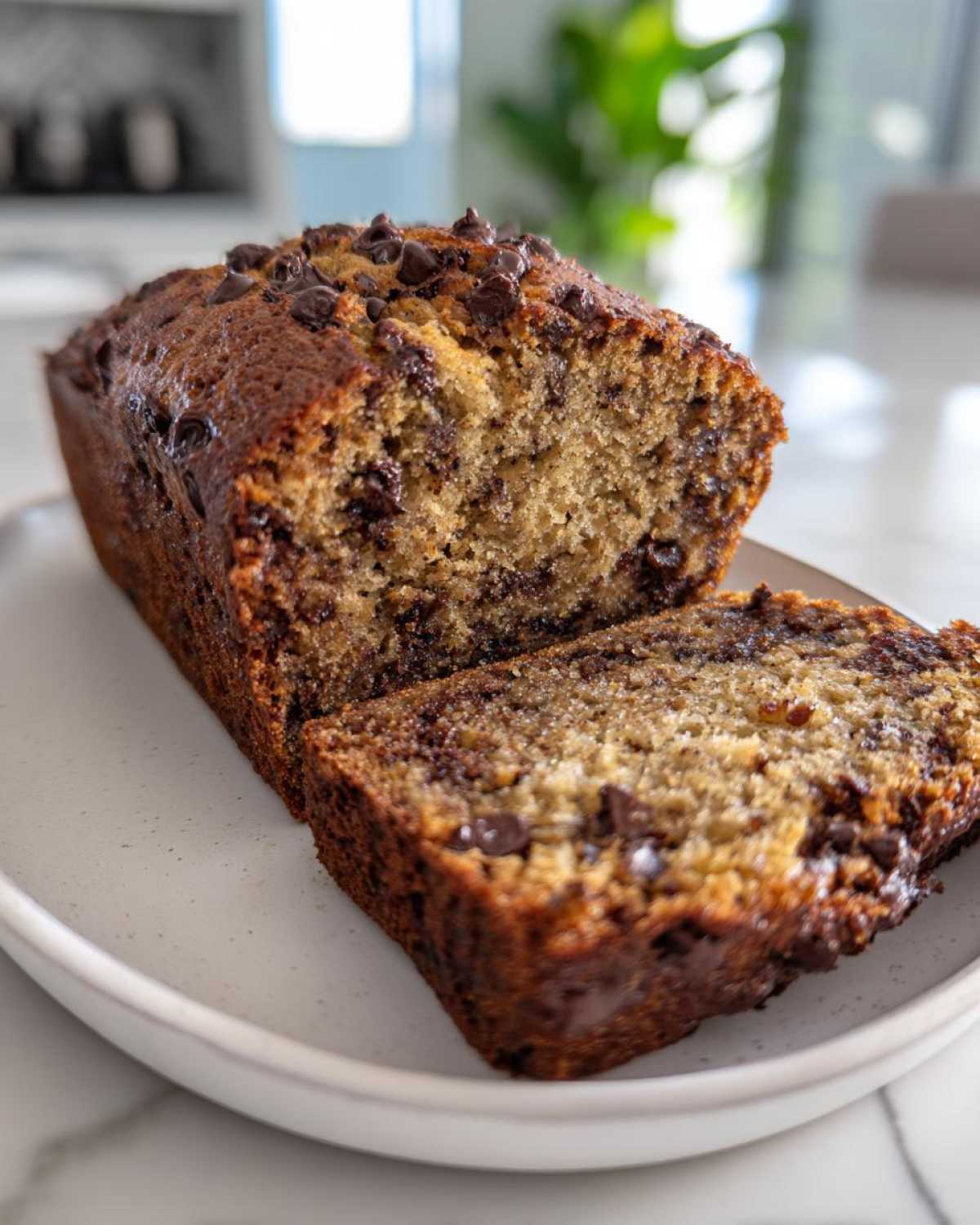 A freshly baked loaf of Banana Bread Chocolate Chip, partially sliced, showing rich texture and melted chips.