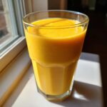 A tall glass filled with a thick, bright orange Banana Mango Smoothie sitting in bright sunlight.