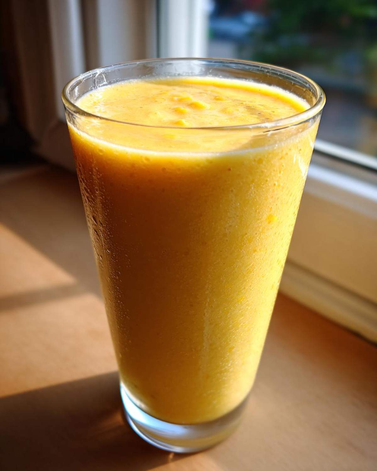 A tall glass filled with a thick, vibrant yellow Banana Mango Smoothie sitting on a sunlit wooden surface.