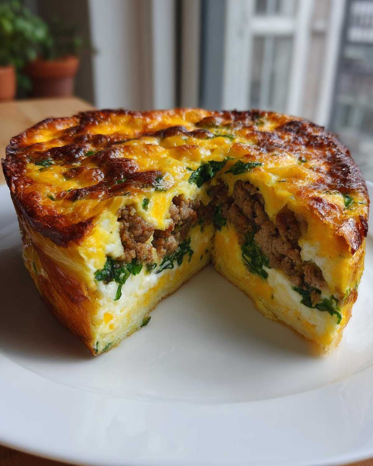 A cross-section view of the Breakfast Egg Lasagna showing layers of egg, cheese, sausage, and spinach.