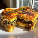 Close-up of a thick slice of Breakfast Egg Lasagna showing layers of browned sausage, spinach, and golden baked eggs.