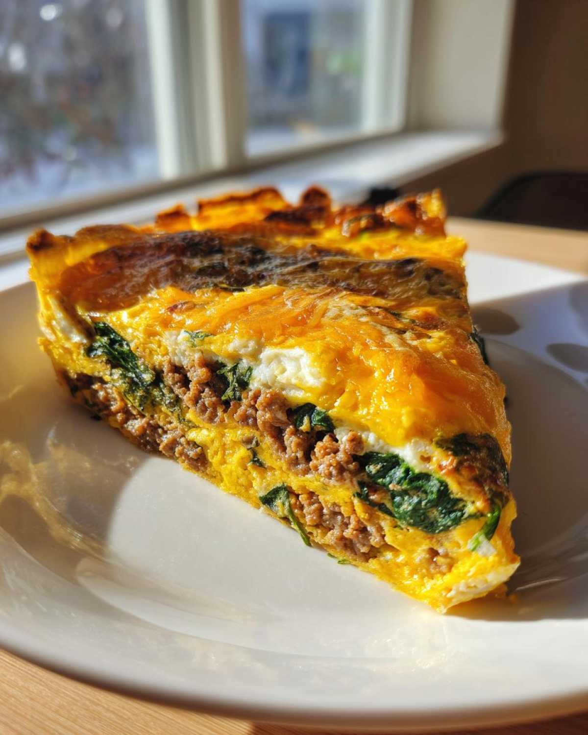 A thick slice of Breakfast Egg Lasagna showing layers of egg, sausage, and spinach on a white plate.