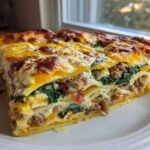 A thick, golden-brown slice of Breakfast Egg Lasagna showing layers of pasta, sausage, spinach, and melted cheese.