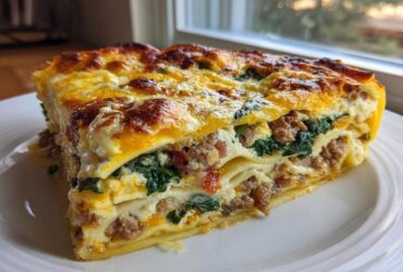 A thick, golden-brown slice of Breakfast Egg Lasagna showing layers of pasta, sausage, spinach, and melted cheese.