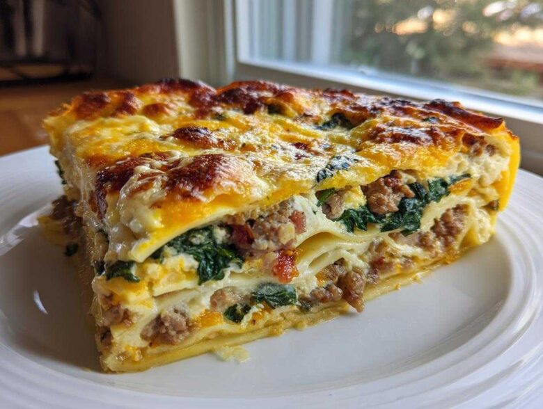 A thick, golden-brown slice of Breakfast Egg Lasagna showing layers of pasta, sausage, spinach, and melted cheese.