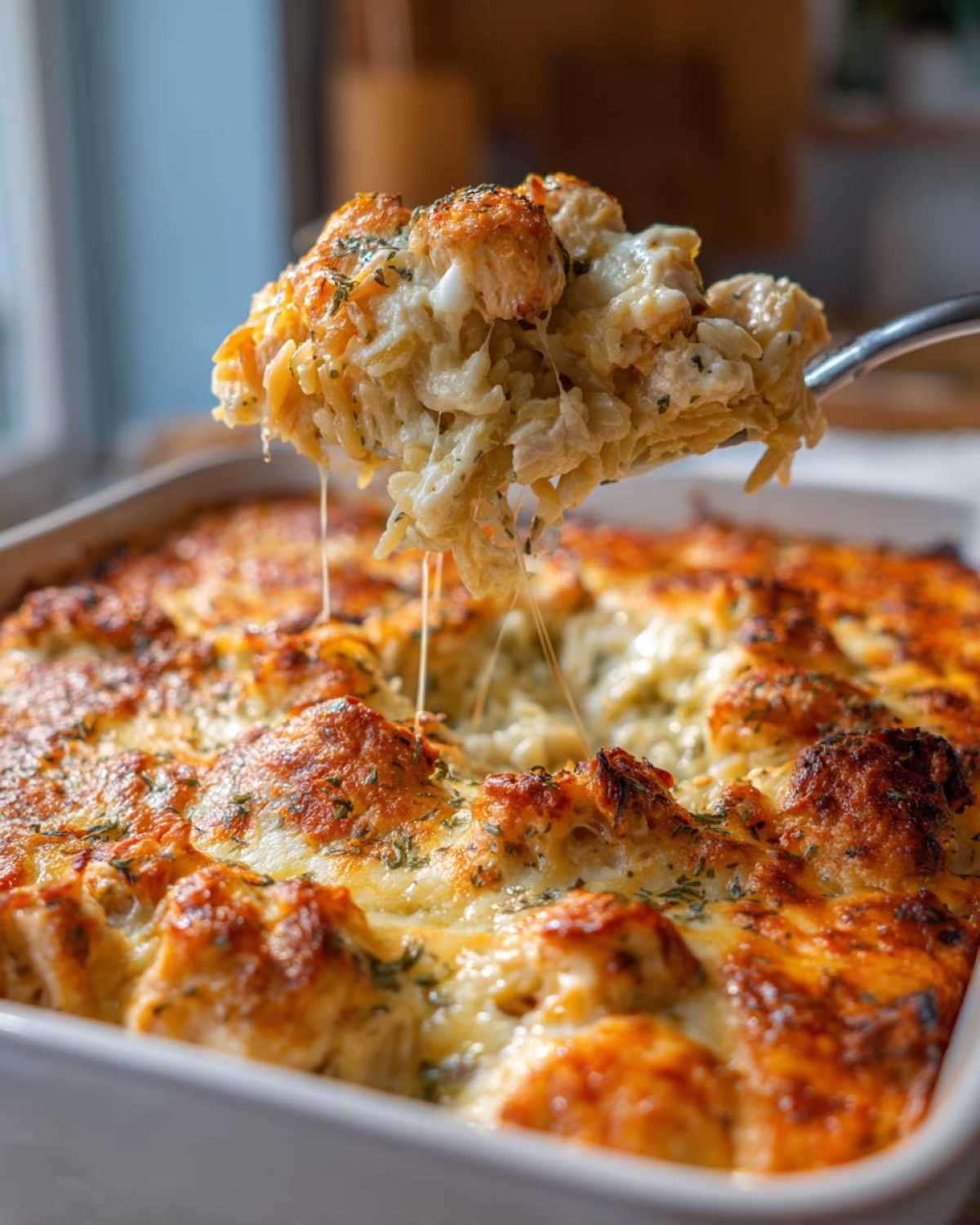 A spoonful of creamy Chicken Orzo Bake is lifted from a baking dish, showing melted, stretching cheese.