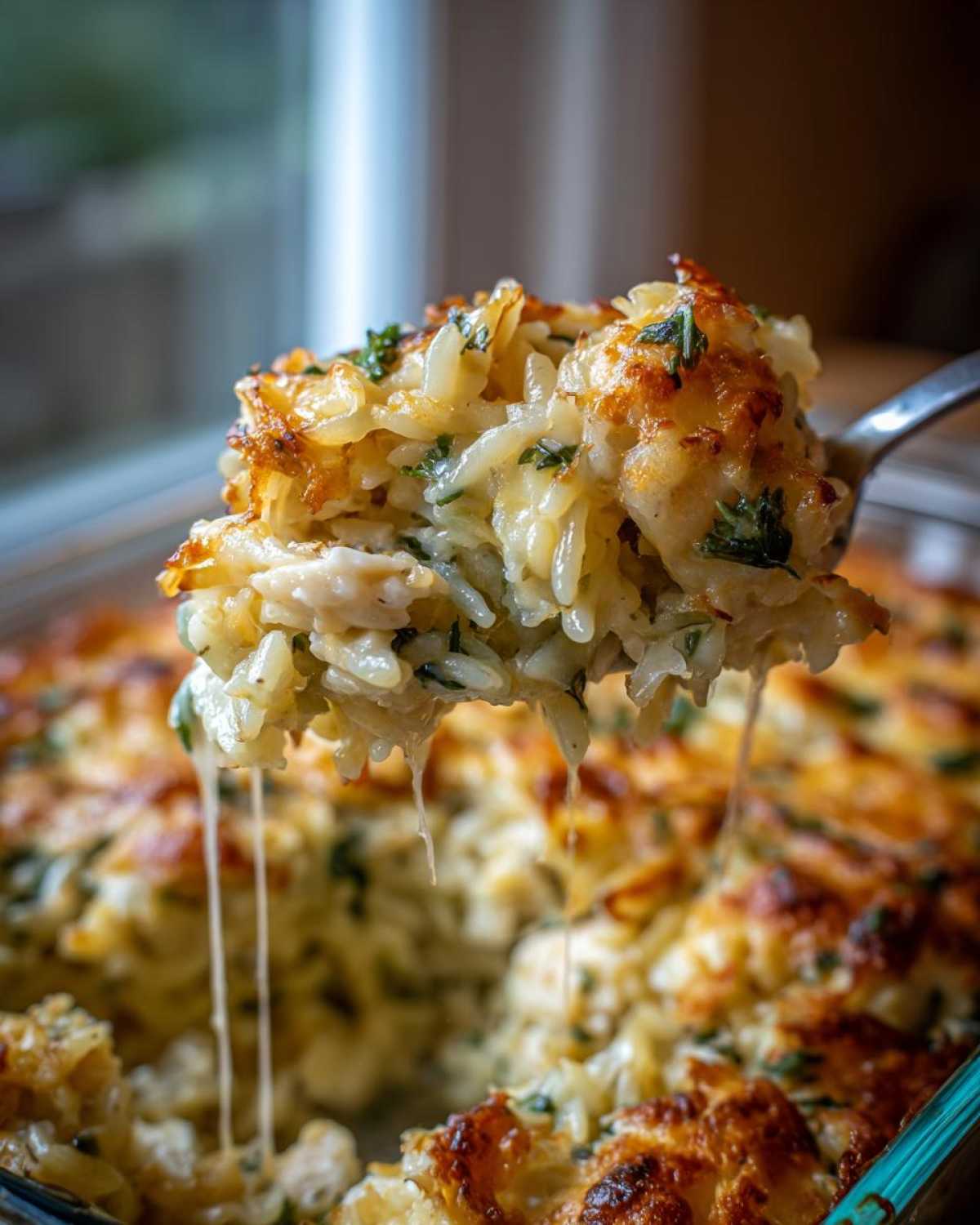 A spoonful of cheesy Chicken Orzo Bake showing melted cheese strings pulling away from the main dish.