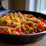 Close-up of a hearty Unstuffed Pepper Skillet with ground beef, rice, colorful peppers, and melted cheddar cheese.