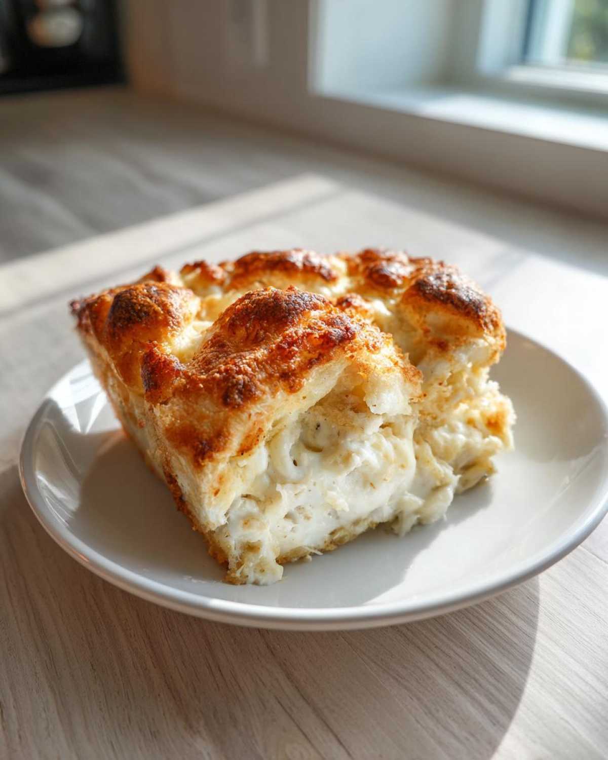 A square slice of creamy Chicken Crescent Roll Casserole with a golden-brown, bubbly top, served on a white plate.