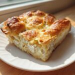 A golden-brown slice of Chicken Crescent Roll Casserole with a flaky crust and creamy filling, served on a white plate.