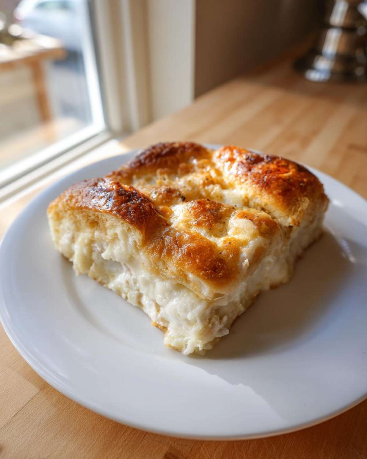 A square serving of creamy Chicken Crescent Roll Casserole with a golden-brown, bubbly top, served on a white plate.