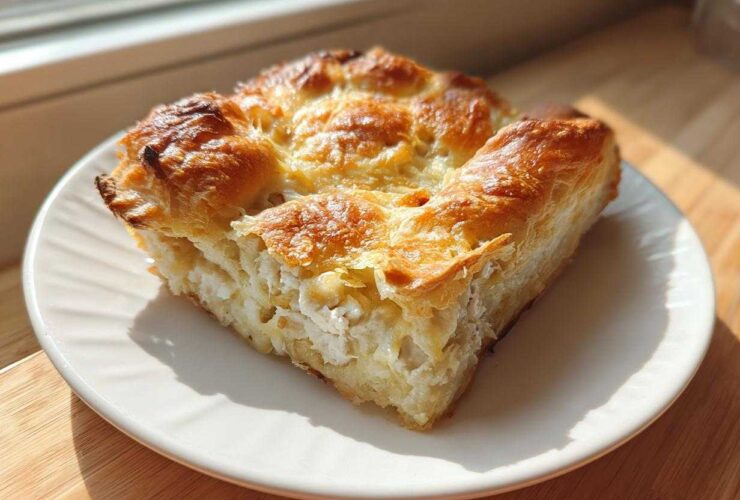 A golden-brown slice of Chicken Crescent Roll Casserole with a flaky crust and creamy filling, served on a white plate.