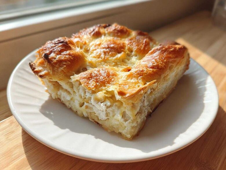 A golden-brown slice of Chicken Crescent Roll Casserole with a flaky crust and creamy filling, served on a white plate.