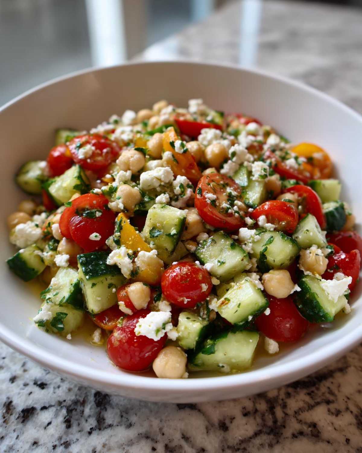 Close-up of a vibrant Chickpea Cucumber Feta Salad mixed with cherry tomatoes and herbs in a white bowl.