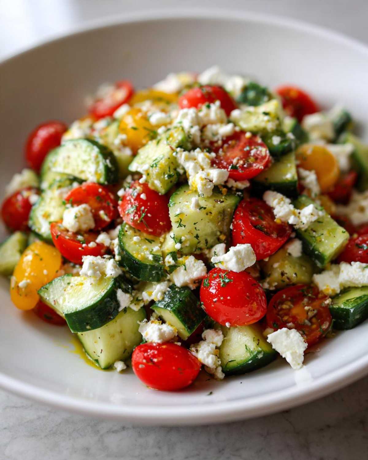 A vibrant close-up of Chickpea Cucumber Feta Salad featuring chopped cucumbers, cherry tomatoes, and crumbled feta cheese.