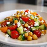 Close-up of a fresh Chickpea Cucumber Feta Salad featuring cherry tomatoes, diced cucumber, and crumbled feta cheese.
