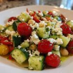 Close-up of a refreshing Chickpea Cucumber Feta Salad featuring cherry tomatoes, cucumber chunks, and crumbled feta.