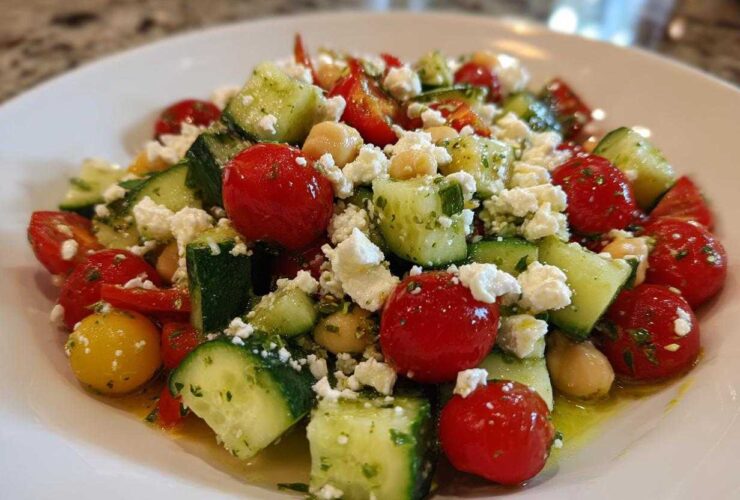 Close-up of a refreshing Chickpea Cucumber Feta Salad featuring cherry tomatoes, cucumber chunks, and crumbled feta.