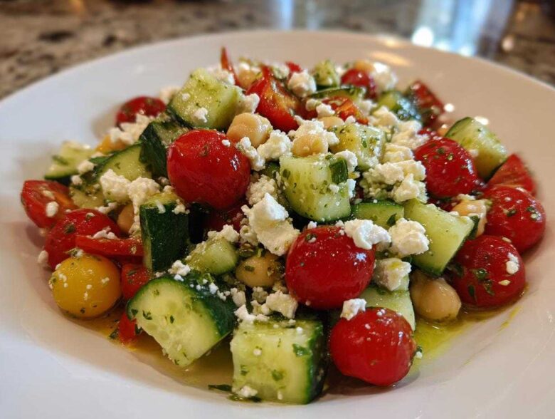 Close-up of a refreshing Chickpea Cucumber Feta Salad featuring cherry tomatoes, cucumber chunks, and crumbled feta.