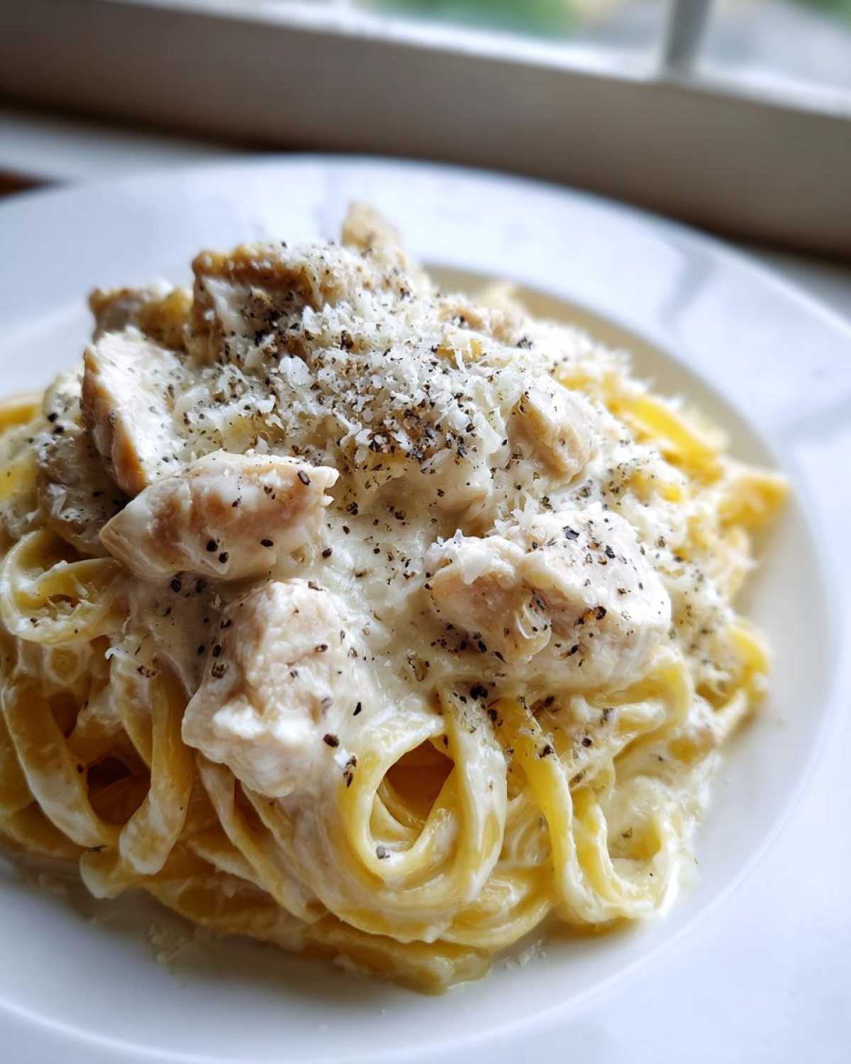 A close-up of a serving of Creamy Chicken Fettuccine Alfredo, topped with grated Parmesan and black pepper.
