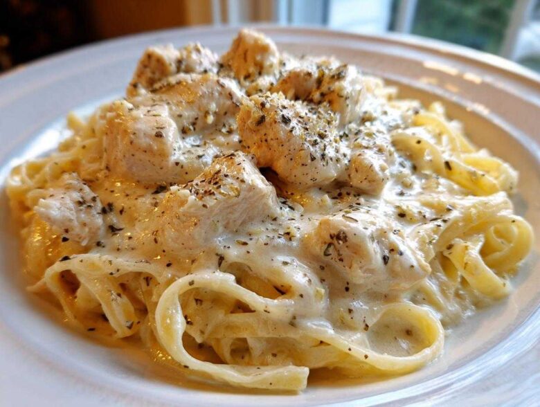 A close-up shot of a serving of Creamy Chicken Fettuccine Alfredo, featuring pasta coated in rich white sauce and topped with seasoned chicken pieces.