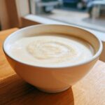 A close-up of a bowl of thick, creamy garlic soup with roasted bulb, featuring a light swirl pattern on top.