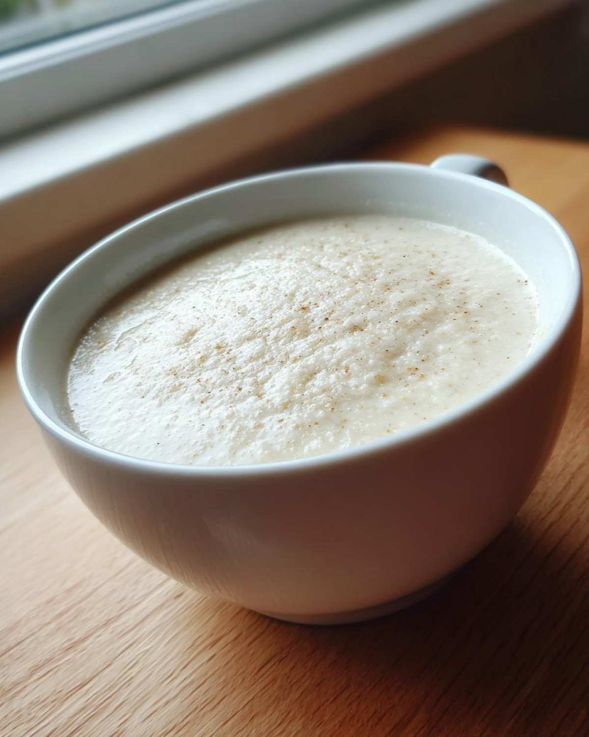 A close-up of thick, creamy garlic soup with roasted bulb, lightly sprinkled with pepper, served in a white mug.