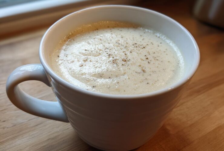 A white mug filled with hot, creamy garlic soup, topped with pepper, ready to eat.