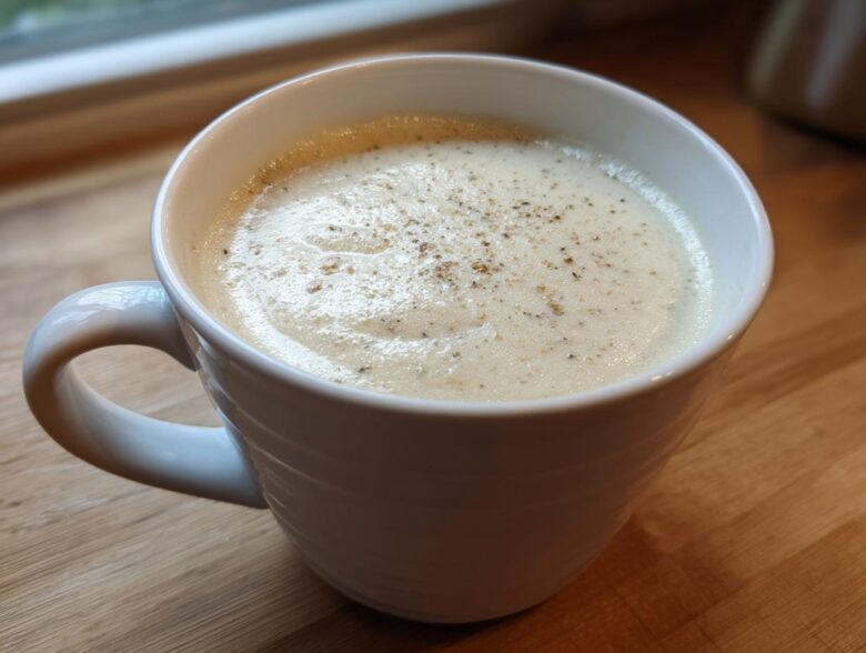 A white mug filled with hot, creamy garlic soup, topped with pepper, ready to eat.