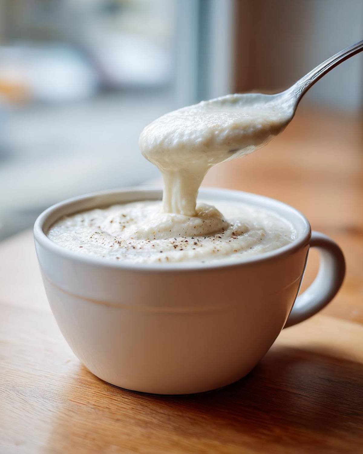 A spoonful of thick, creamy garlic soup with roasted bulb being lifted from a white mug, sprinkled with pepper.