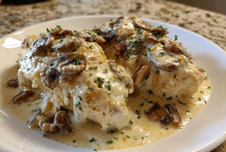 Two pieces of Creamy Smothered Chicken covered in a rich mushroom cream sauce and garnished with parsley.