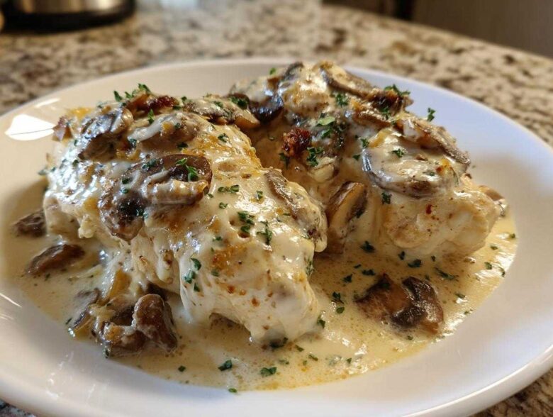 Two pieces of Creamy Smothered Chicken covered in a rich mushroom cream sauce and garnished with parsley.