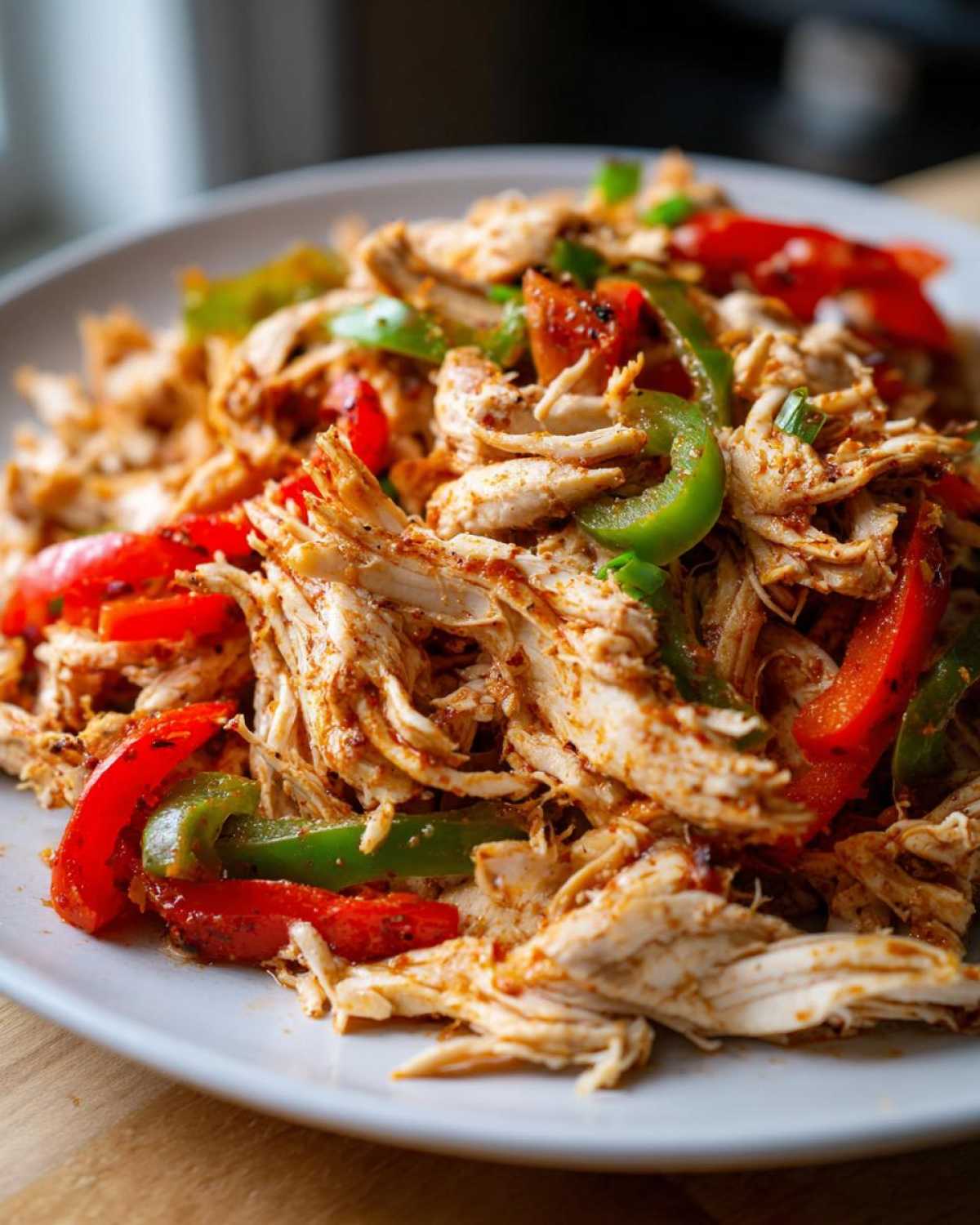 Close-up of shredded chicken mixed with sliced red and green peppers, seasoned for Crockpot Chicken Fajitas.