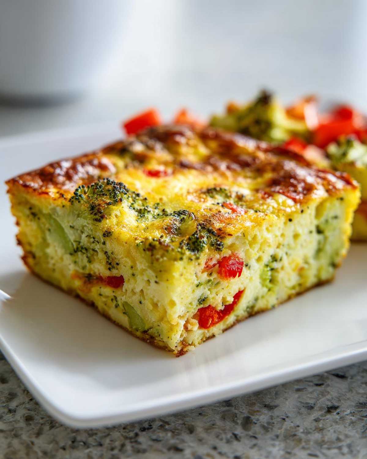 A square slice of Crustless Garden Vegetable Quiche, showing visible broccoli florets and red peppers in the egg base.