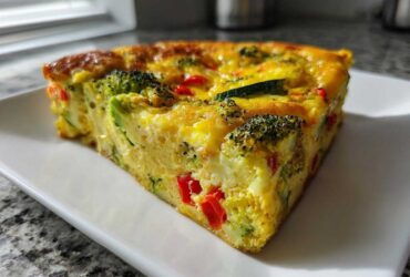 A thick, golden slice of Crustless Garden Vegetable Quiche filled with broccoli, zucchini, and red peppers, served on a white rectangular plate.