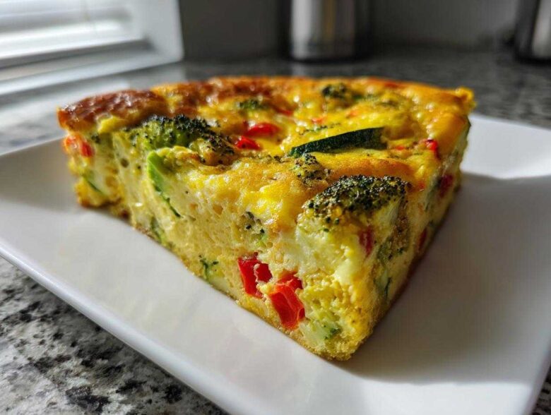 A thick, golden slice of Crustless Garden Vegetable Quiche filled with broccoli, zucchini, and red peppers, served on a white rectangular plate.
